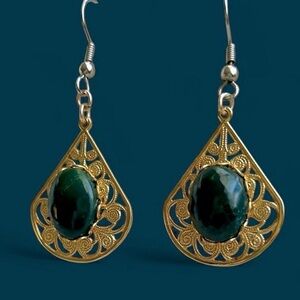 Vtg Malachite Filigree Art Nouveau Dangle Earrings